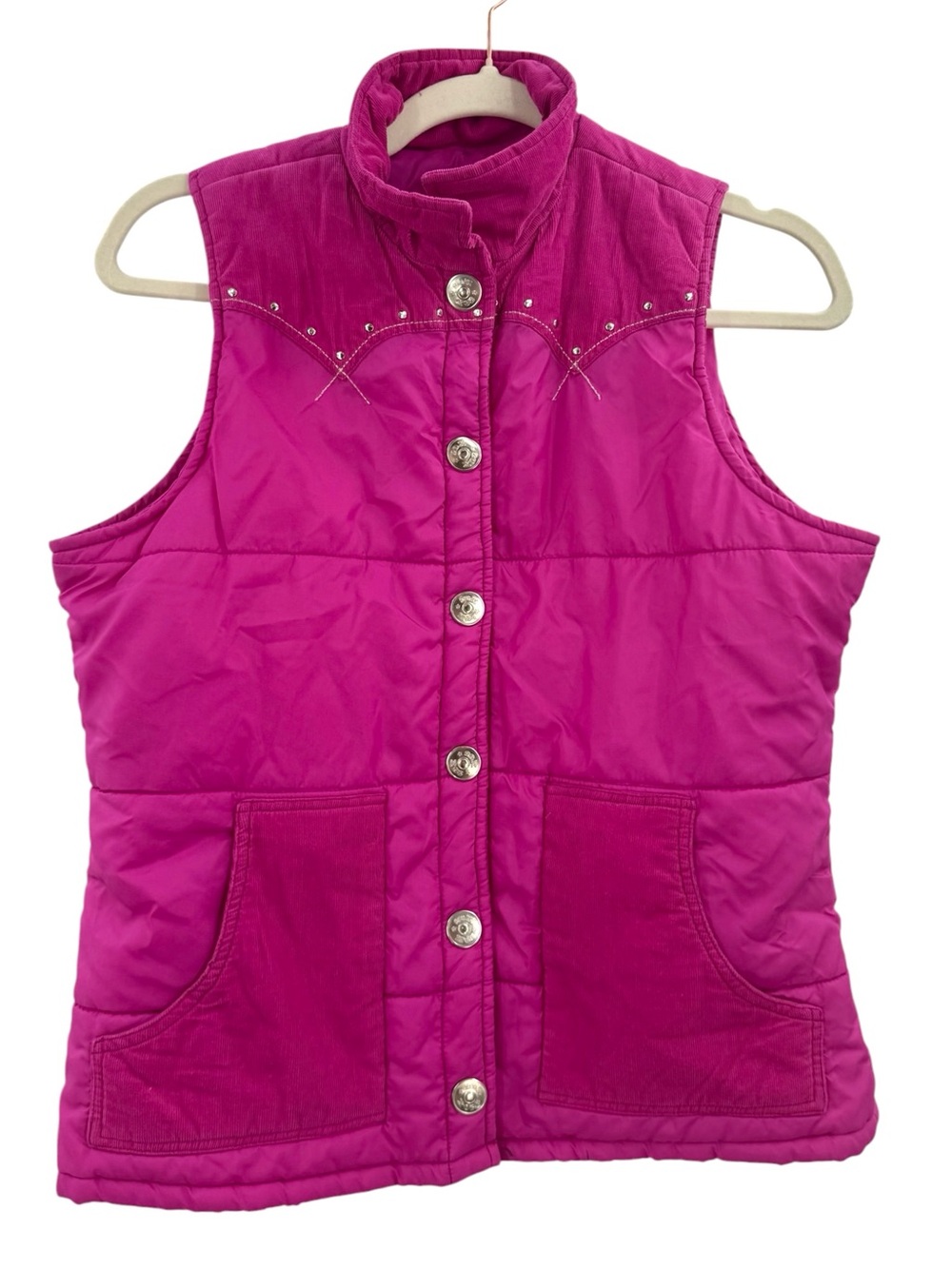 Hot Pink Western Rodeo Puffer Vest Studded Corduroy Trim Cowgirl Y2k Country M